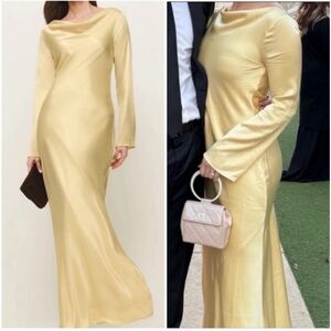 Reformation Ciana Satin long sleeve maxi dress gown in butter yellow gold modest